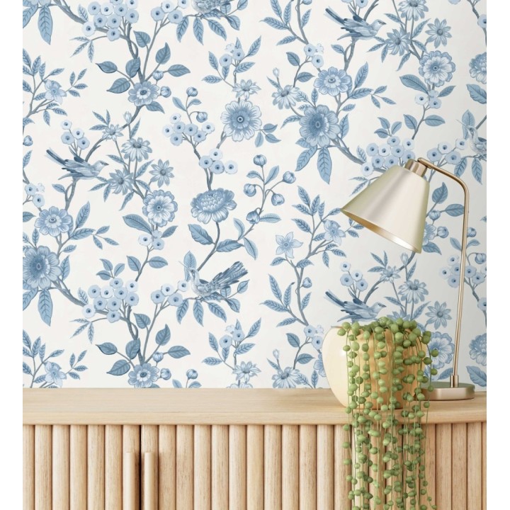 Papel pintado de flores y pájaros azul y blanco - Bird Haven 682908