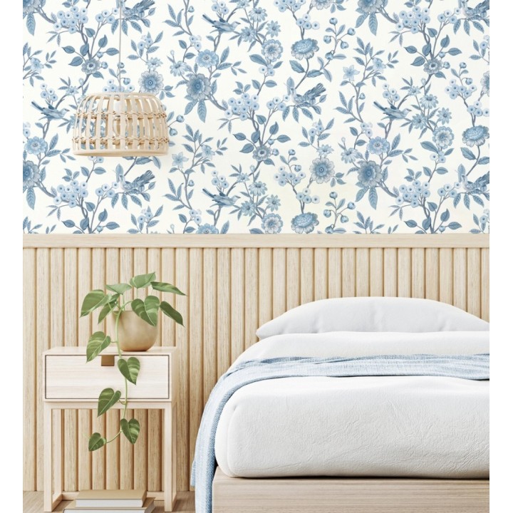 Papel pintado de flores y pájaros azul y blanco - Bird Haven 682908
