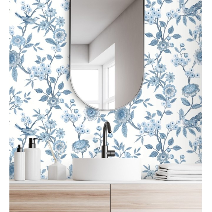 Papel pintado de flores y pájaros azul y blanco - Bird Haven 682908
