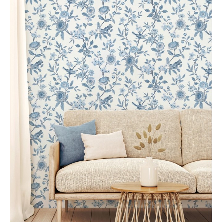 Papel pintado de flores y pájaros azul y blanco - Bird Haven 682908