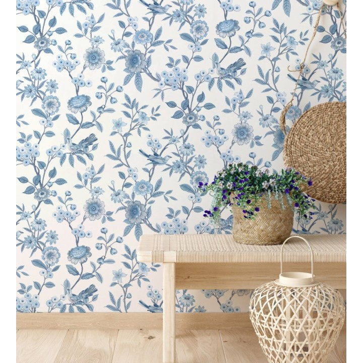 Papel pintado de flores y pájaros azul y blanco - Bird Haven 682908
