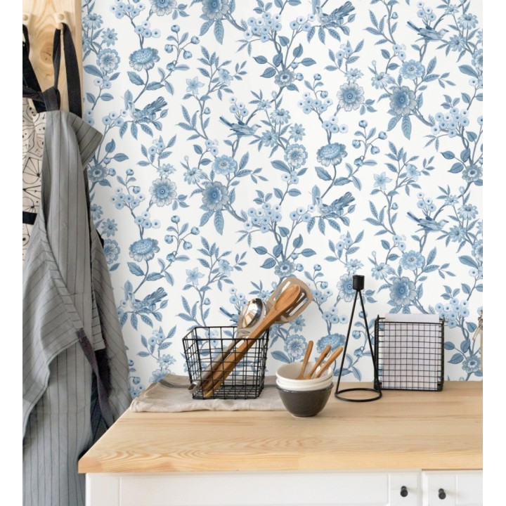 Papel pintado de flores y pájaros azul y blanco - Bird Haven 682908