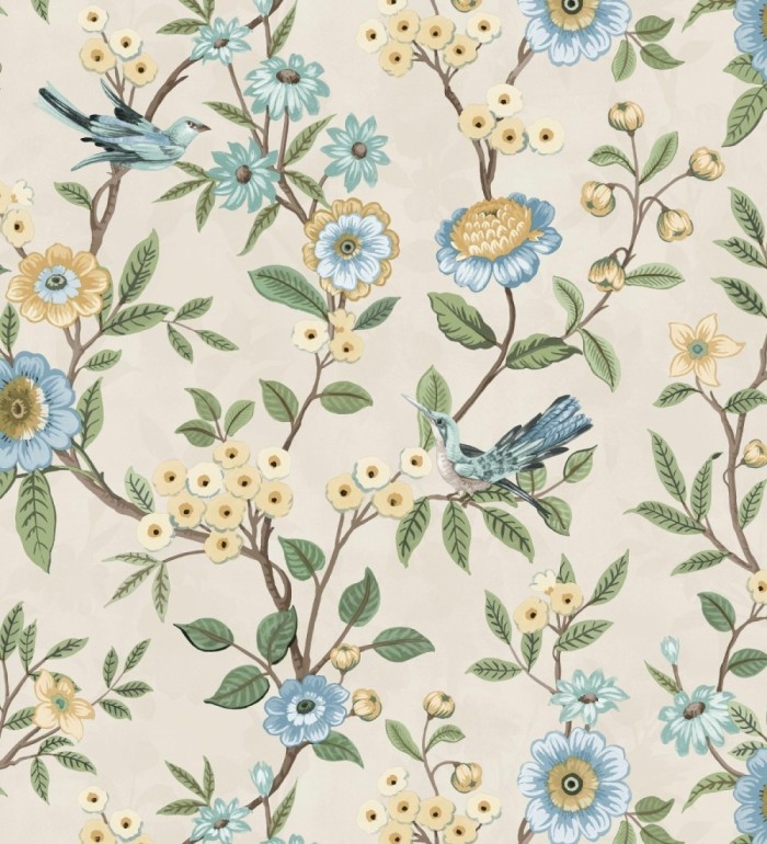 Papel pintado de flores y pájaros fondo beige - Bird Haven 682909