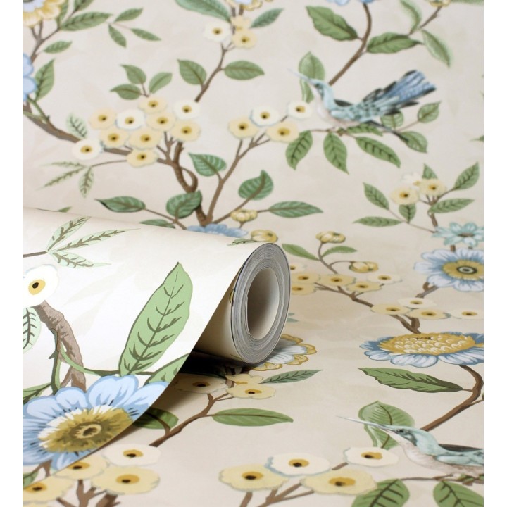 Papel pintado de flores y pájaros fondo beige - Bird Haven 682909