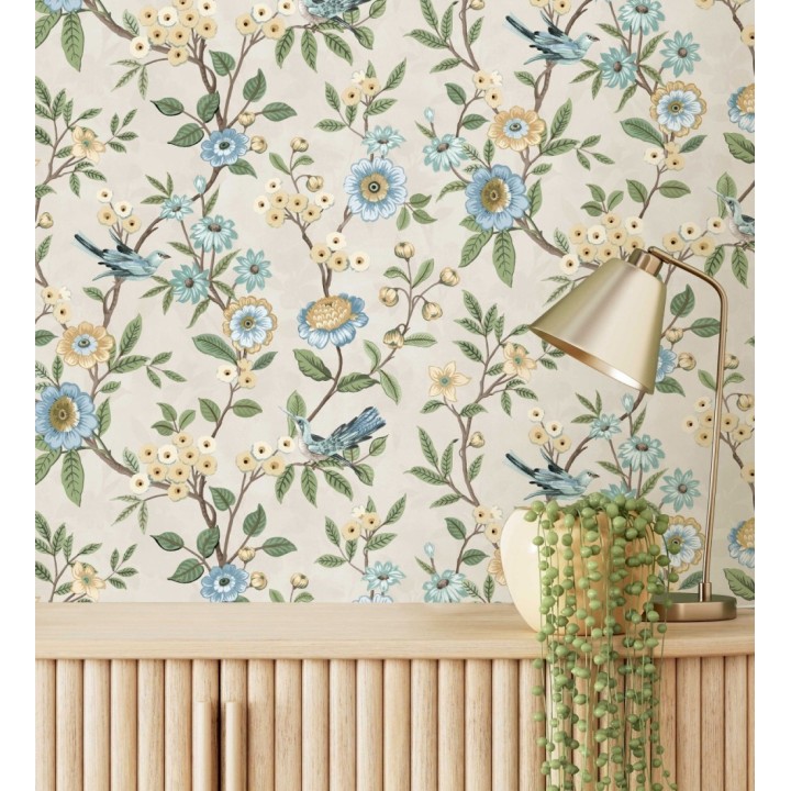 Papel pintado de flores y pájaros fondo beige - Bird Haven 682909