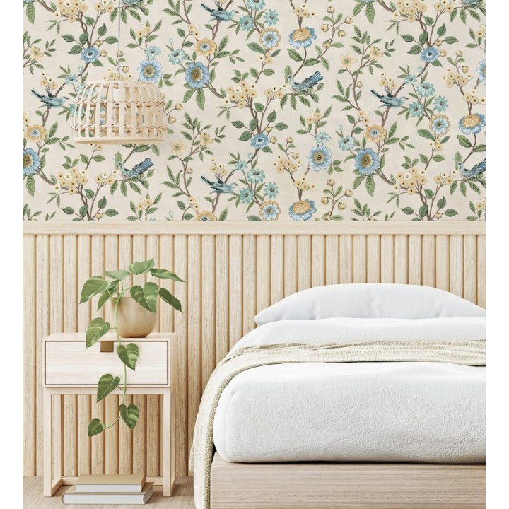 Papel pintado de flores y pájaros fondo beige - Bird Haven 682909
