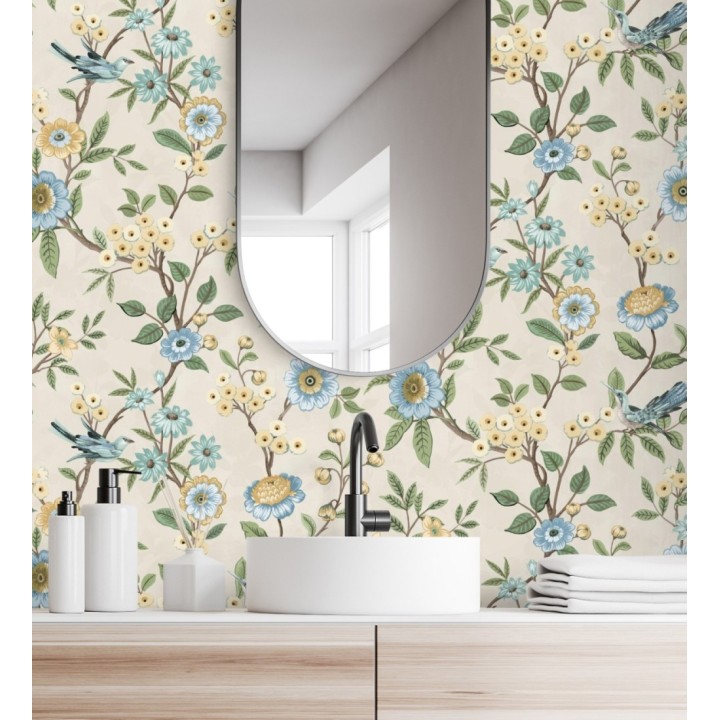 Papel pintado de flores y pájaros fondo beige - Bird Haven 682909