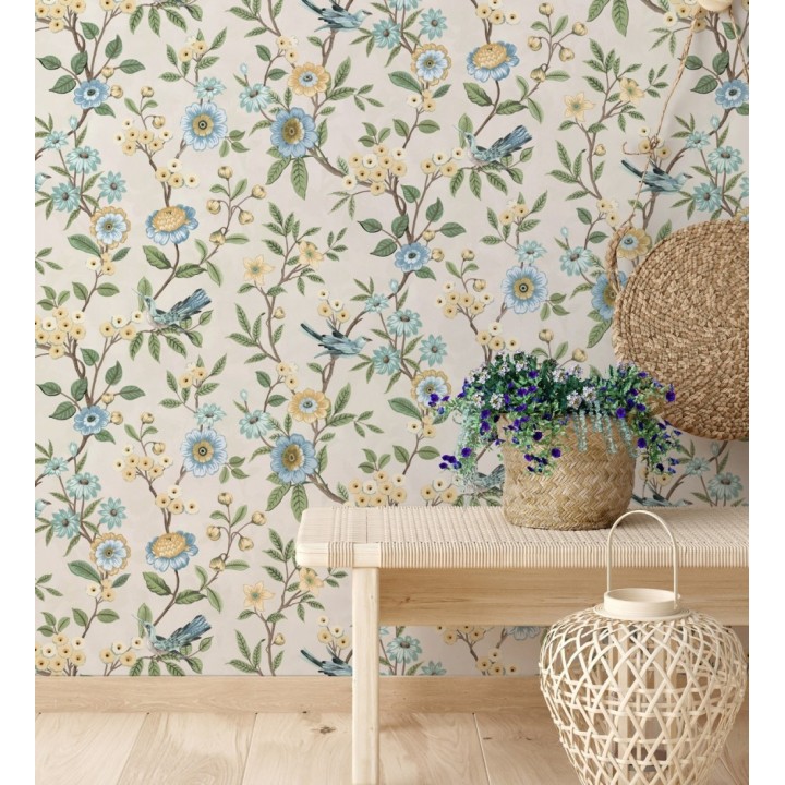 Papel pintado de flores y pájaros fondo beige - Bird Haven 682909