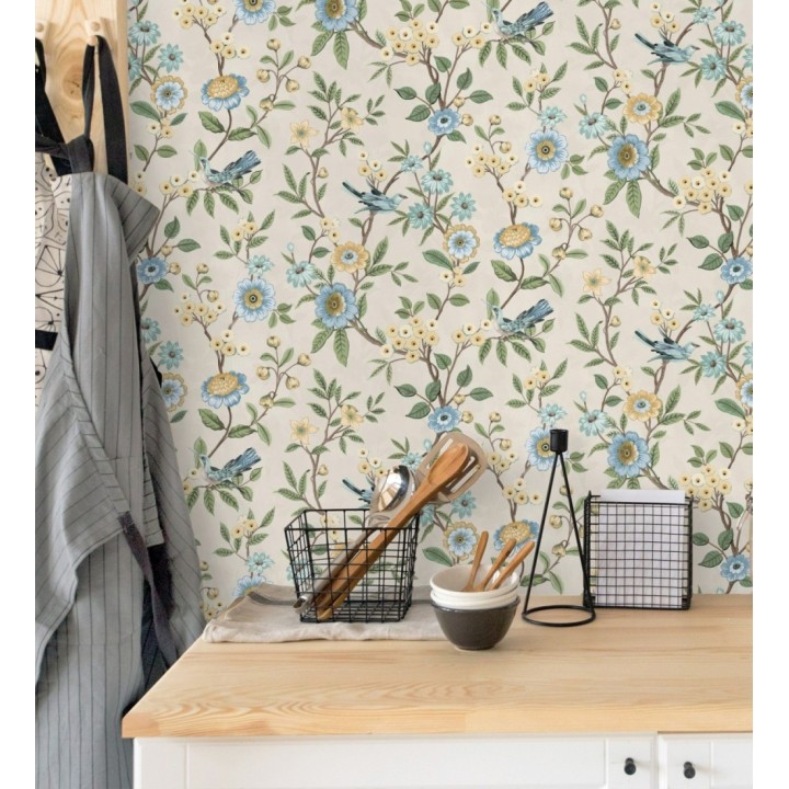 Papel pintado de flores y pájaros fondo beige - Bird Haven 682909