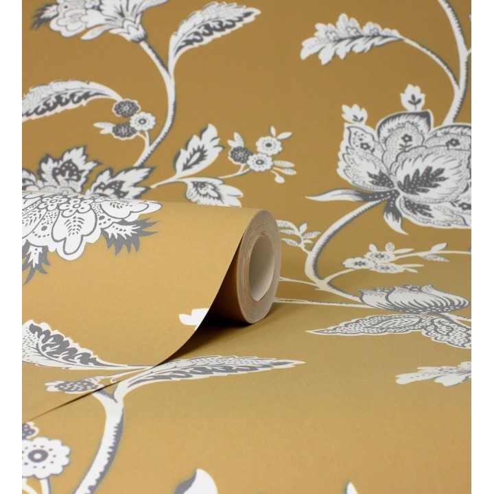 Papel pintado de flores y ramas fondo ocre - Dijon Flowers 682910