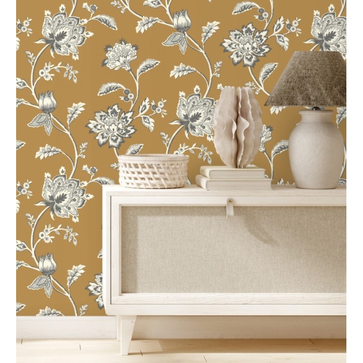 Papel pintado de flores y ramas fondo ocre - Dijon Flowers 682910