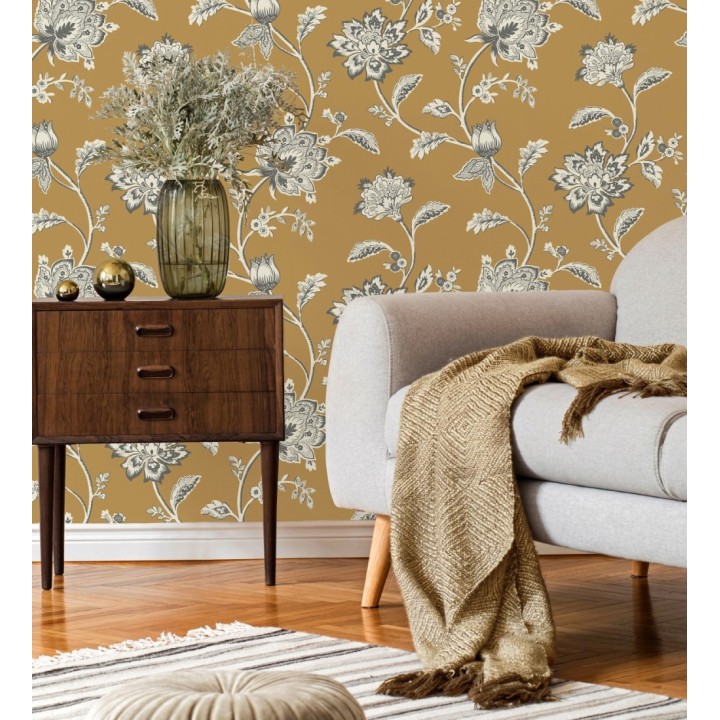 Papel pintado de flores y ramas fondo ocre - Dijon Flowers 682910