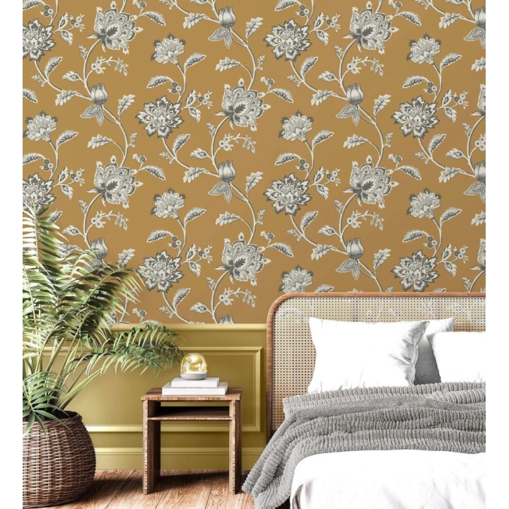 Papel pintado de flores y ramas fondo ocre - Dijon Flowers 682910