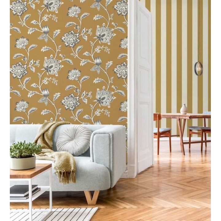 Papel pintado de flores y ramas fondo ocre - Dijon Flowers 682910