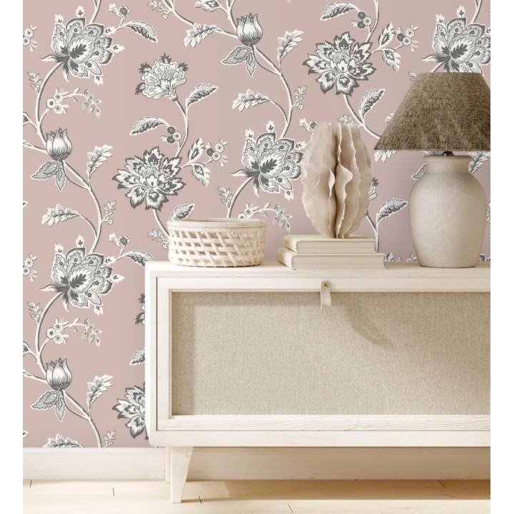 Papel pintado de flores y ramas fondo rosa - Dijon Flowers 682911