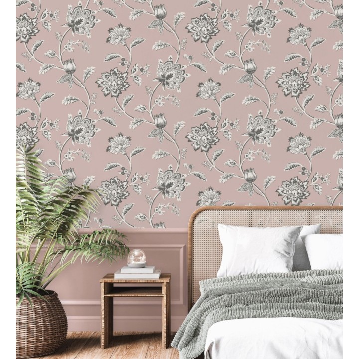 Papel pintado de flores y ramas fondo rosa - Dijon Flowers 682911