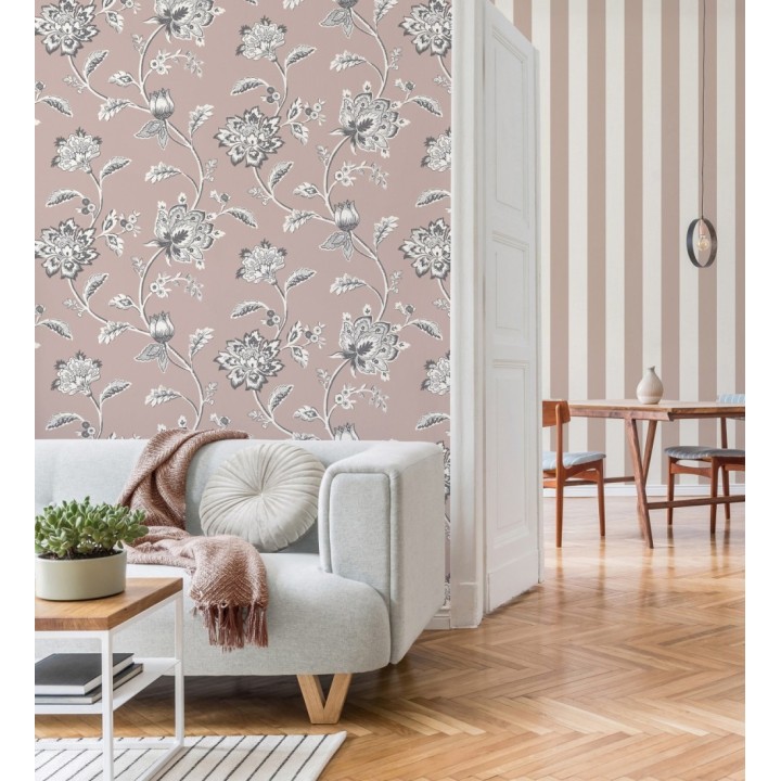 Papel pintado de flores y ramas fondo rosa - Dijon Flowers 682911