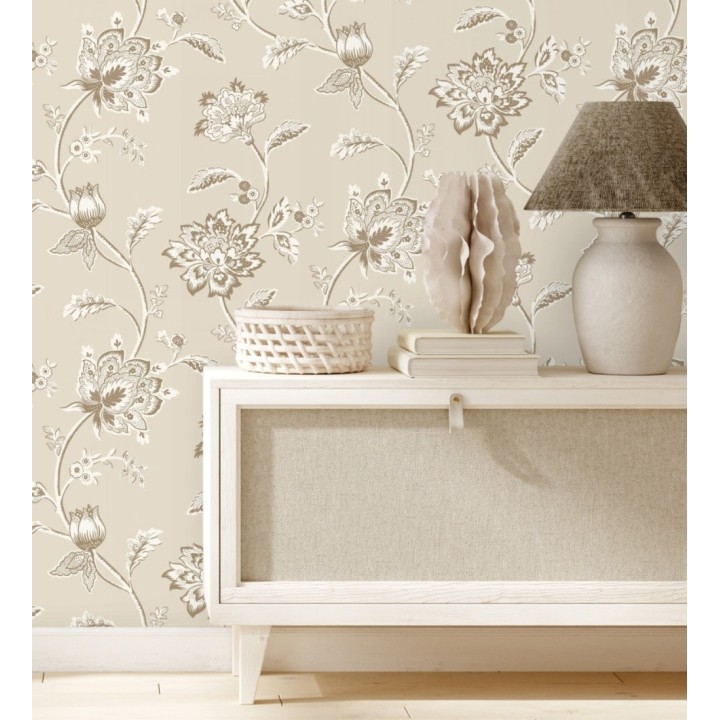 Papel pintado de flores y ramas fondo beige - Dijon Flowers 682912