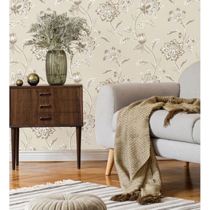 Papel pintado de flores y ramas fondo beige - Dijon Flowers 682912