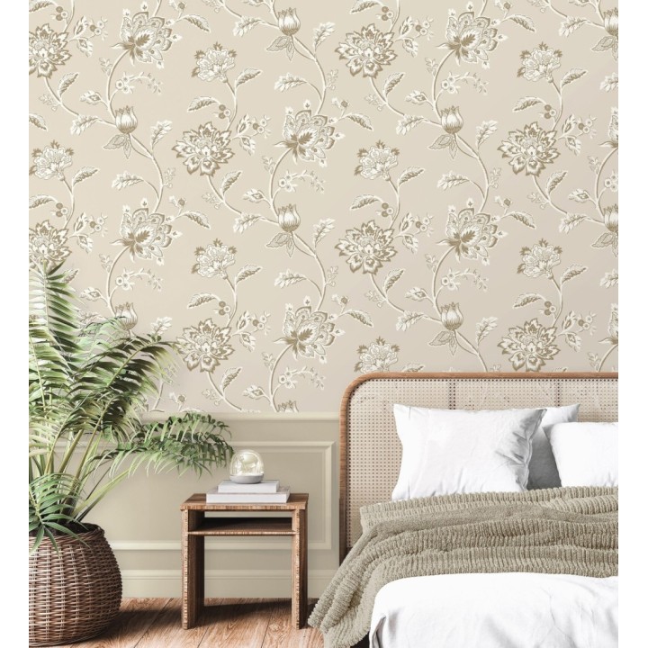 Papel pintado de flores y ramas fondo beige - Dijon Flowers 682912