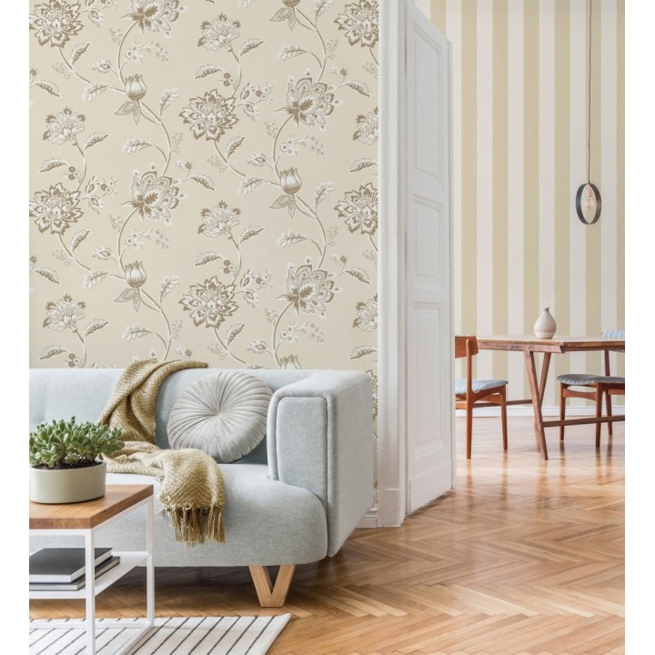 Papel pintado de flores y ramas fondo beige - Dijon Flowers 682912