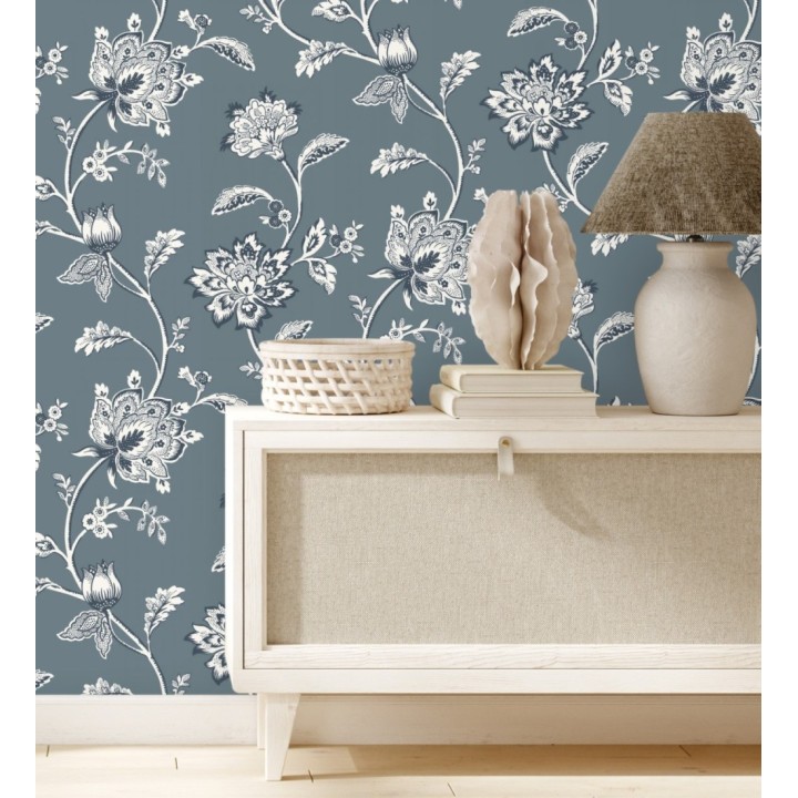 Papel pintado de flores y ramas fondo azul - Dijon Flowers 682913