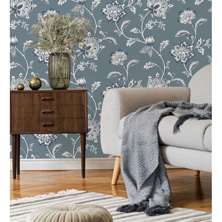 Papel pintado de flores y ramas fondo azul - Dijon Flowers 682913