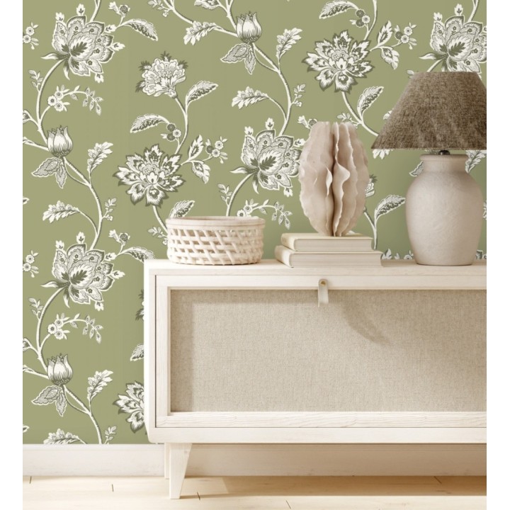 Papel pintado de flores y ramas fondo verde - Dijon Flowers 682914