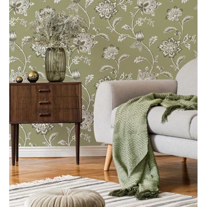 Papel pintado de flores y ramas fondo verde - Dijon Flowers 682914