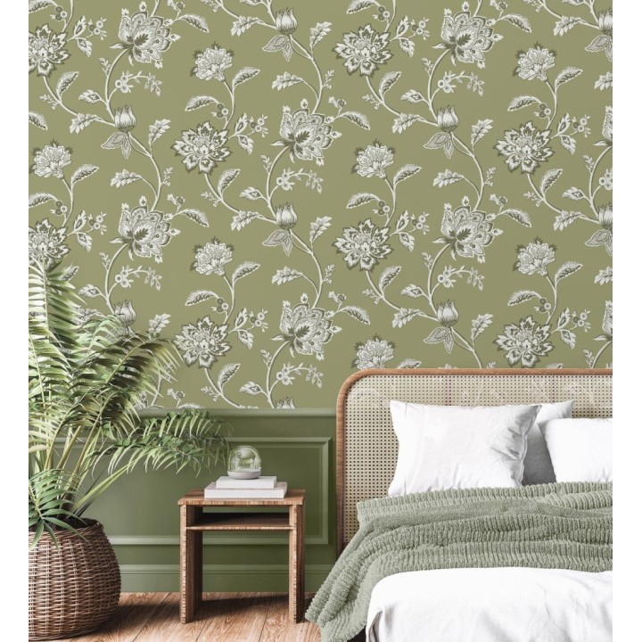 Papel pintado de flores y ramas fondo verde - Dijon Flowers 682914