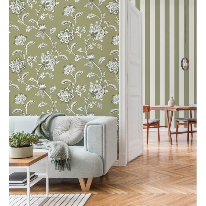 Papel pintado de flores y ramas fondo verde - Dijon Flowers 682914