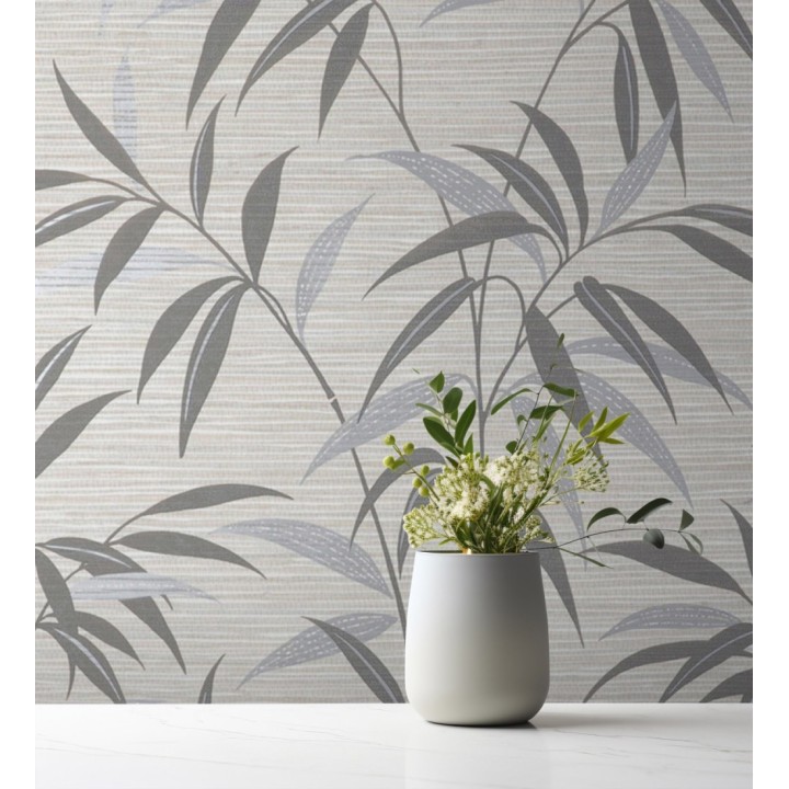 Papel pintado de hojas fondo fibra vegetal blanca y gris - Manila Whispers 682926