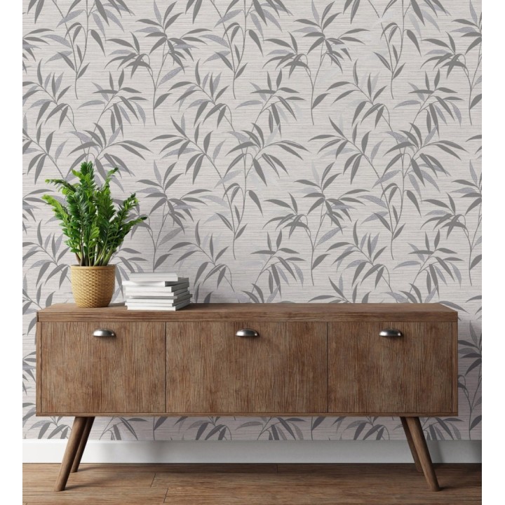 Papel pintado de hojas fondo fibra vegetal blanca y gris - Manila Whispers 682926