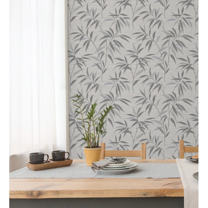Papel pintado de hojas fondo fibra vegetal blanca y gris - Manila Whispers 682926