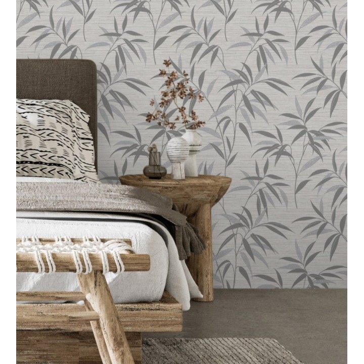 Papel pintado de hojas fondo fibra vegetal blanca y gris - Manila Whispers 682926