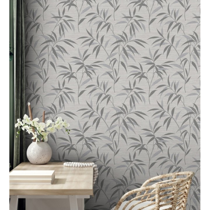 Papel pintado de hojas fondo fibra vegetal blanca y gris - Manila Whispers 682926