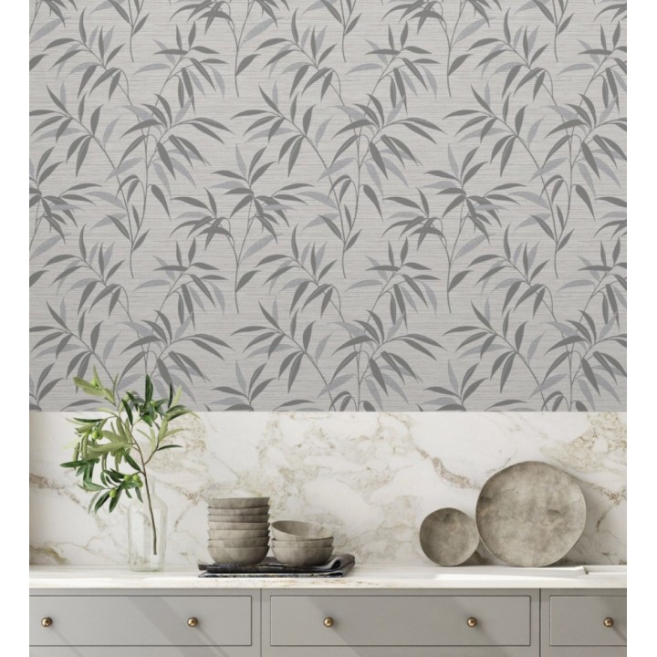 Papel pintado de hojas fondo fibra vegetal blanca y gris - Manila Whispers 682926