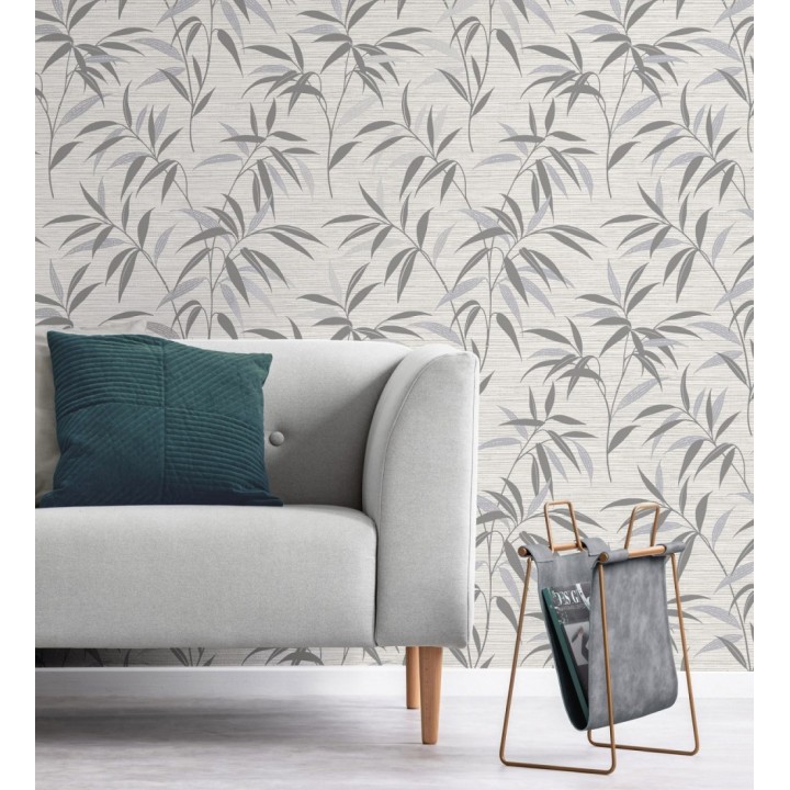Papel pintado de hojas fondo fibra vegetal blanca y gris - Manila Whispers 682926