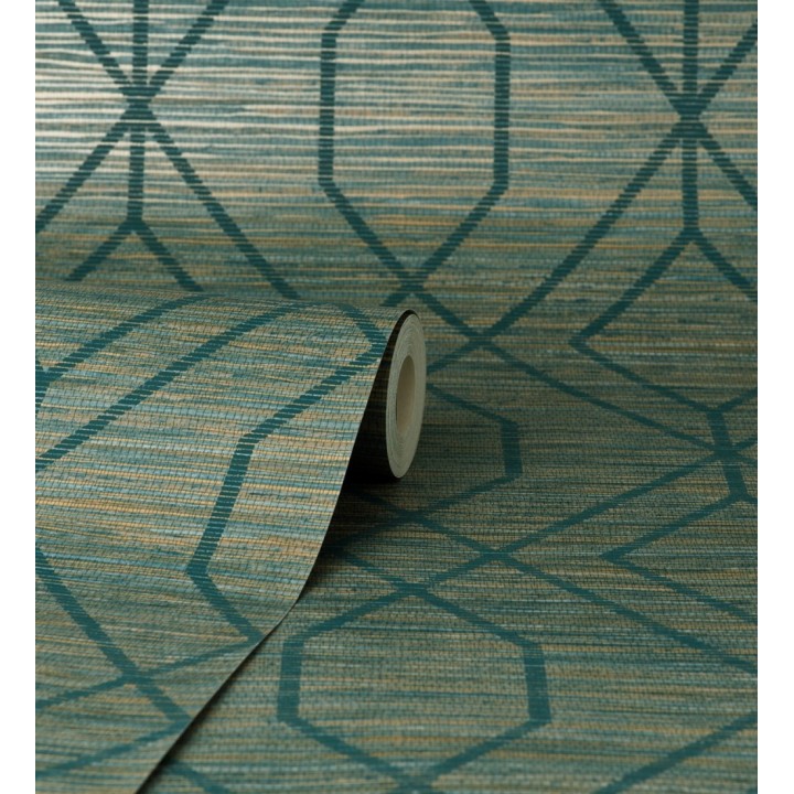 Papel pintado geométrico fondo fibra vegetal verde - Manila Diamond 682928