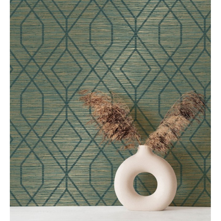 Papel pintado geométrico fondo fibra vegetal verde - Manila Diamond 682928