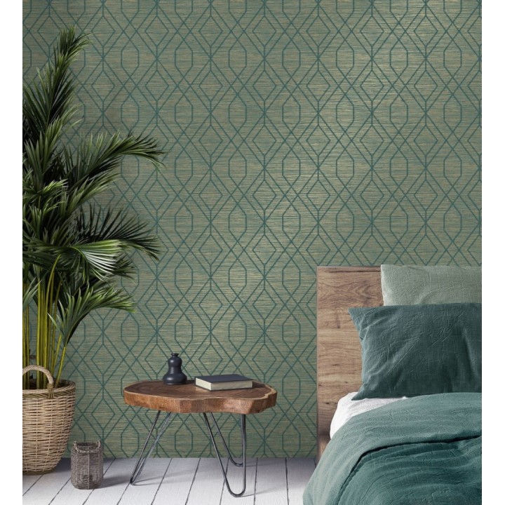 Papel pintado geométrico fondo fibra vegetal verde - Manila Diamond 682928