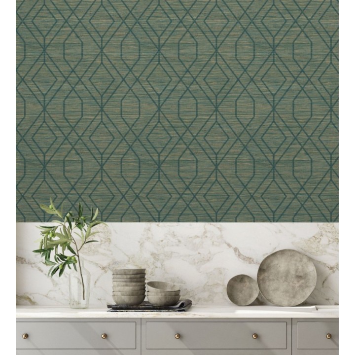 Papel pintado geométrico fondo fibra vegetal verde - Manila Diamond 682928