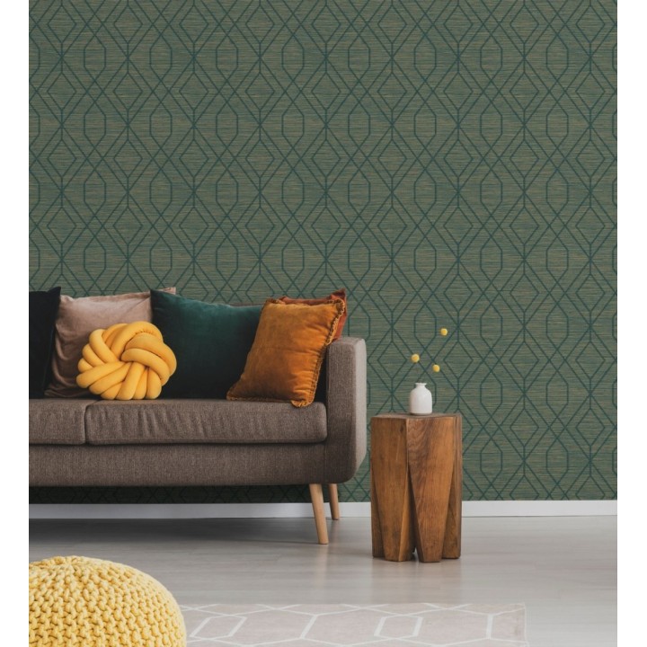 Papel pintado geométrico fondo fibra vegetal verde - Manila Diamond 682928