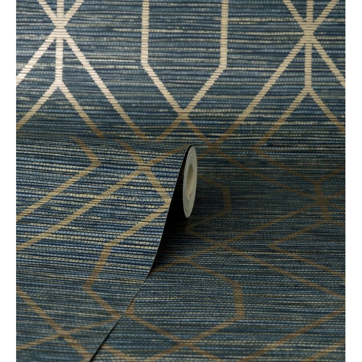 Papel pintado geométrico fondo fibra vegetal azul - Manila Diamond 682929
