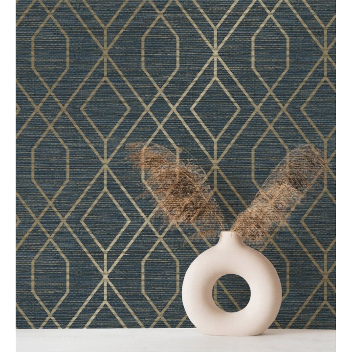 Papel pintado geométrico fondo fibra vegetal azul - Manila Diamond 682929