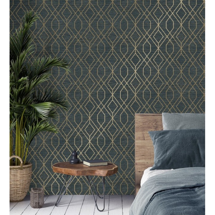 Papel pintado geométrico fondo fibra vegetal azul - Manila Diamond 682929