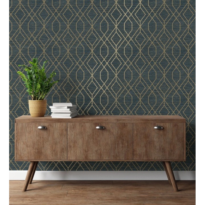 Papel pintado geométrico fondo fibra vegetal azul - Manila Diamond 682929