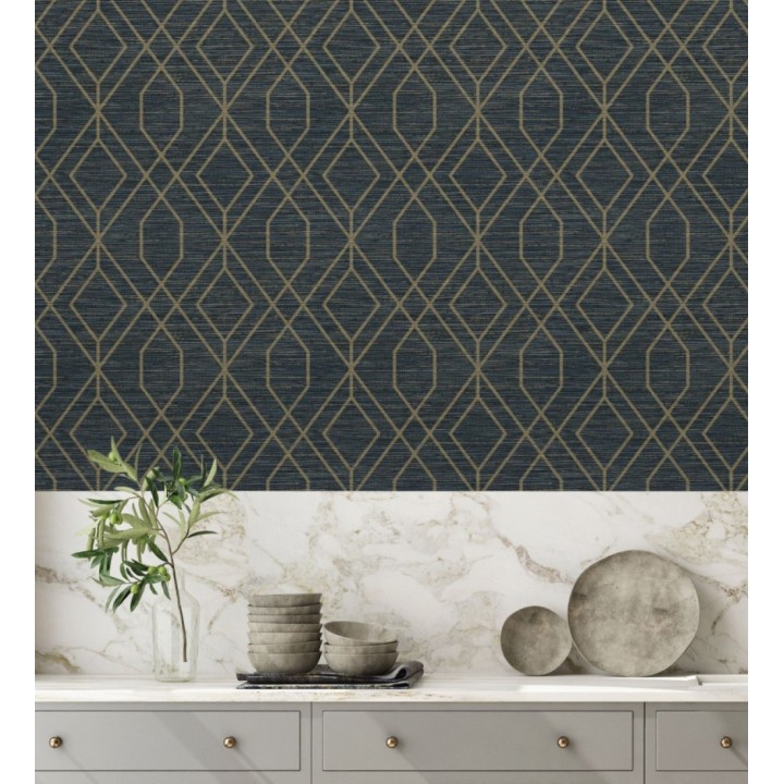 Papel pintado geométrico fondo fibra vegetal azul - Manila Diamond 682929