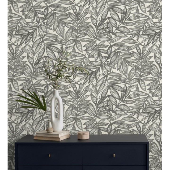 Papel pintado hojas negras impresas en fondo textil - Serene Nature 682971