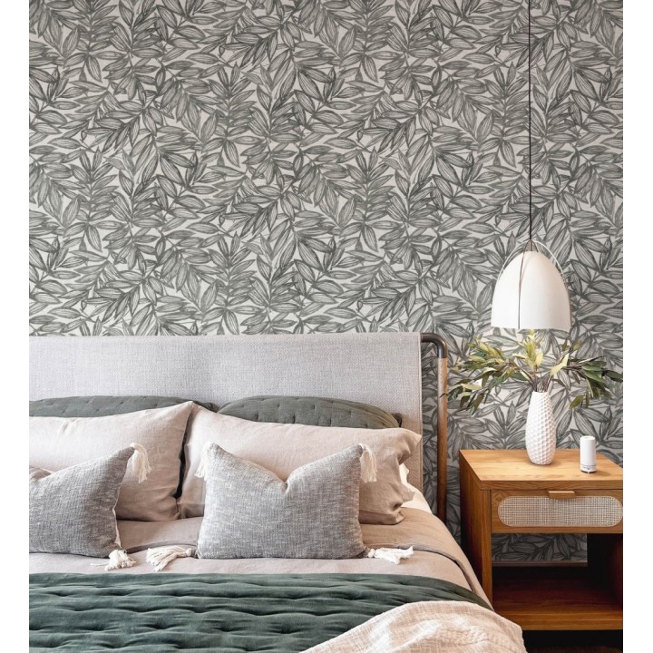 Papel pintado hojas negras impresas en fondo textil - Serene Nature 682971